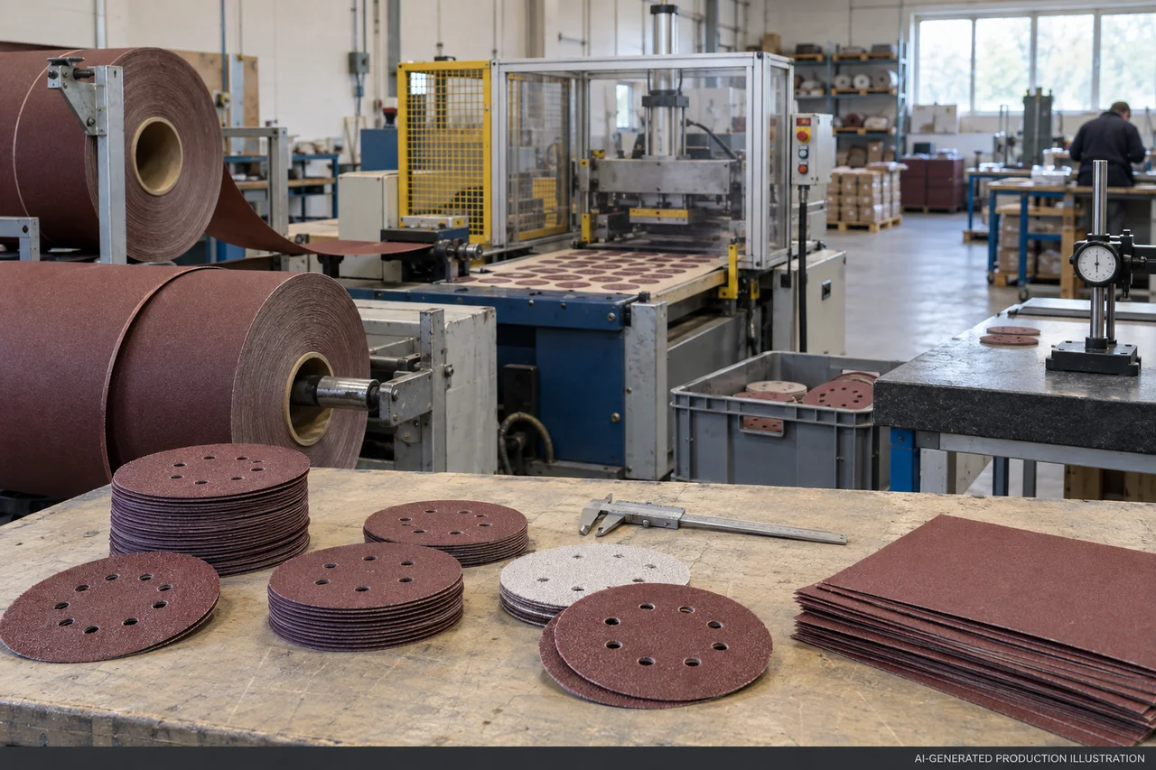 Sanding & Abrasives production concept. AI-generated production illustration — not a photograph of our factory.