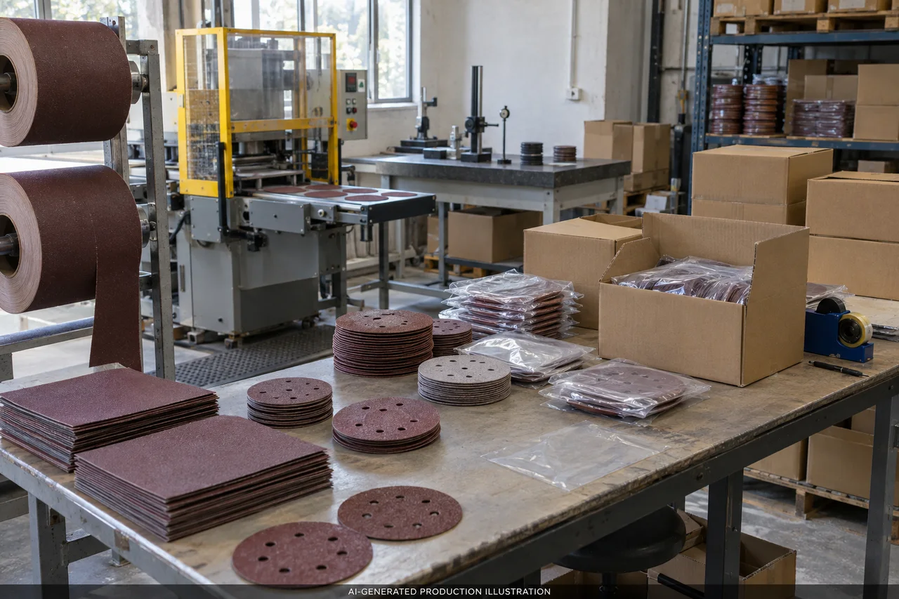 Sanding & Abrasives — Packing and dispatch planning. AI-generated illustration, not an actual factory photograph.