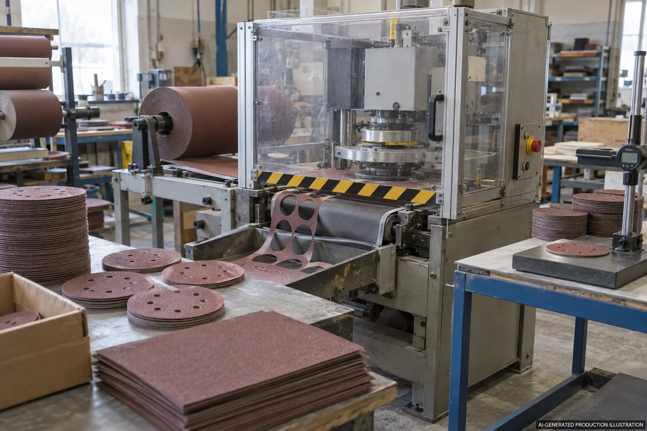Sanding & Abrasives — Illustrated production route. AI-generated illustration, not an actual factory photograph.